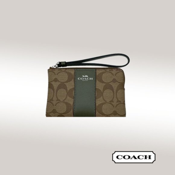 Coach Corner Zip Wristlet – Khaki Signature with Olive Green Stripe - Picture 1 of 9
